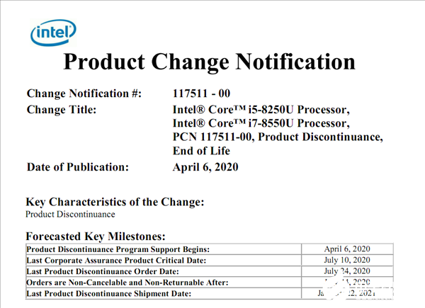 Intel 14nm八代酷睿U系列开始退市 发布仅仅2年半